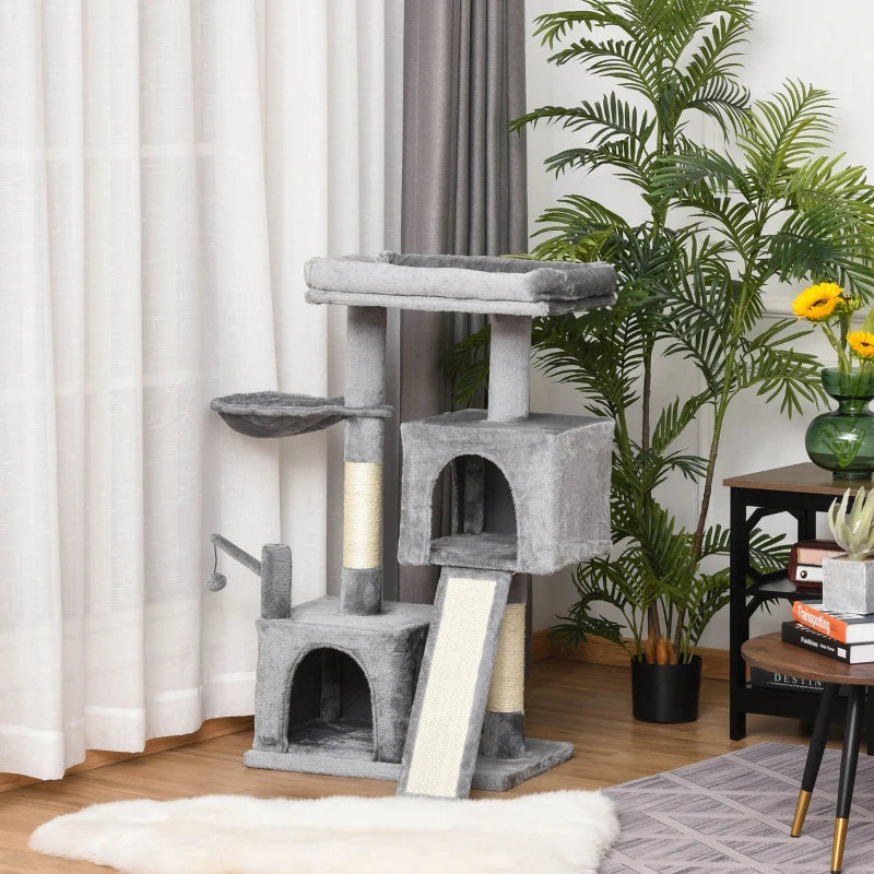 Grey Cat Tree Tower with Scratching Post and Hammock