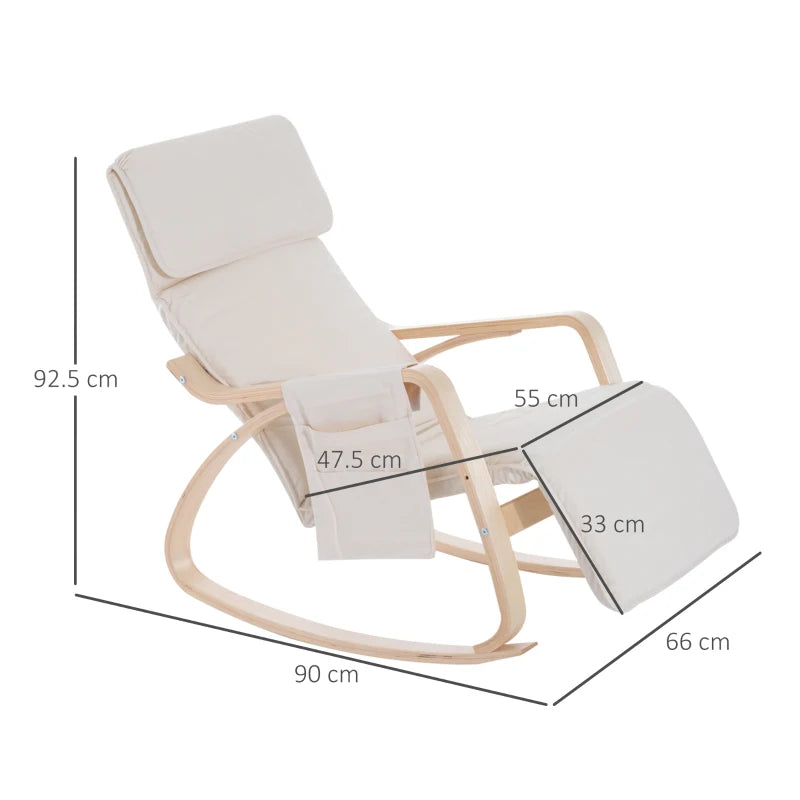 Adjustable Rocking Lounge Chair with Footrest and Pocket - Cream White