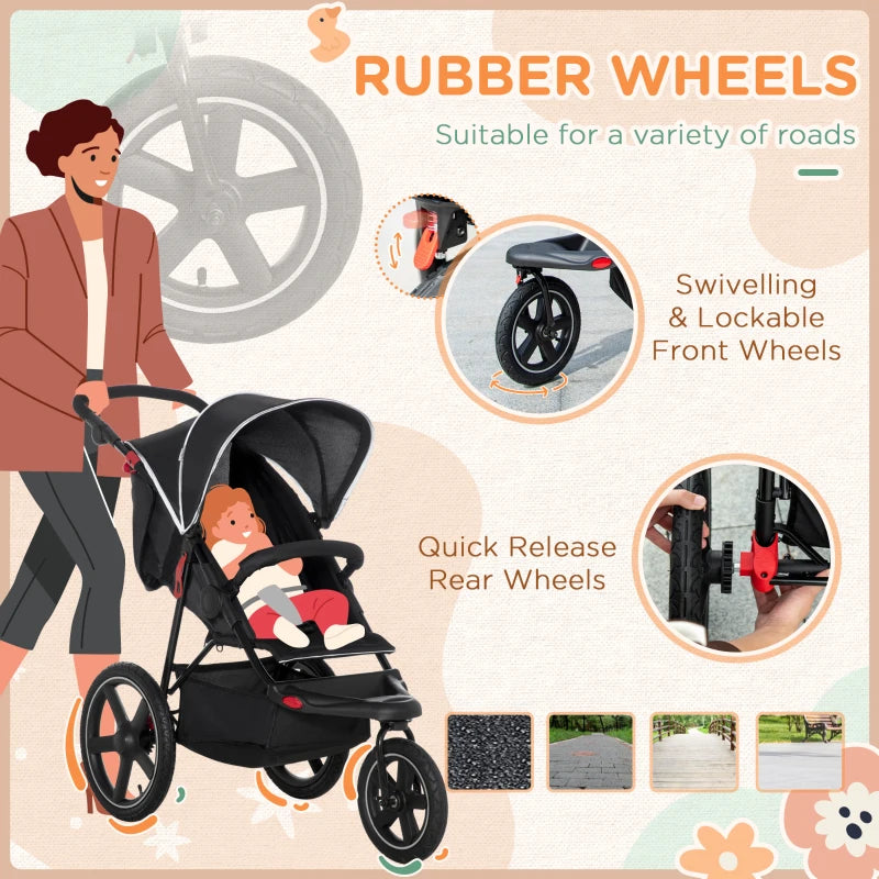 Black Foldable 3-Wheel Baby Stroller with Canopy & Storage Basket