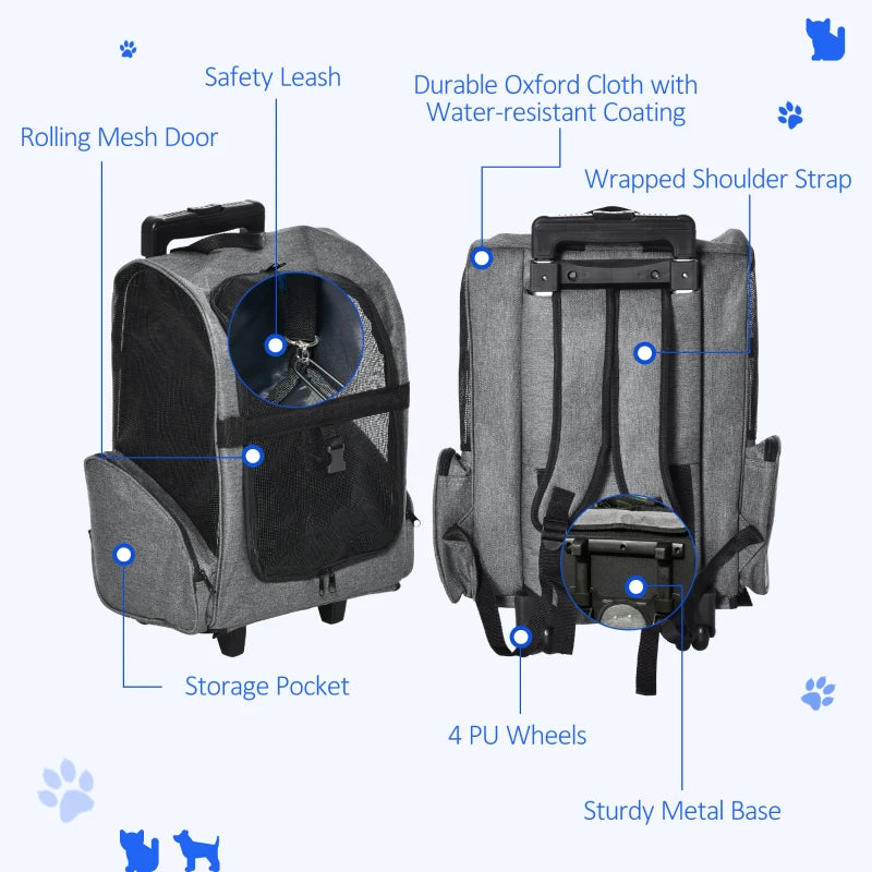 Grey Pet Travel Backpack with Trolley and Telescopic Handle