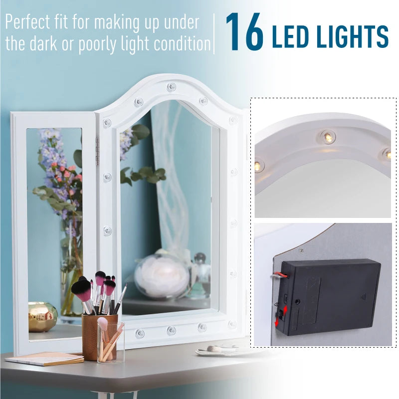 White Trifold Lighted Vanity Mirror with 16 LED Lights