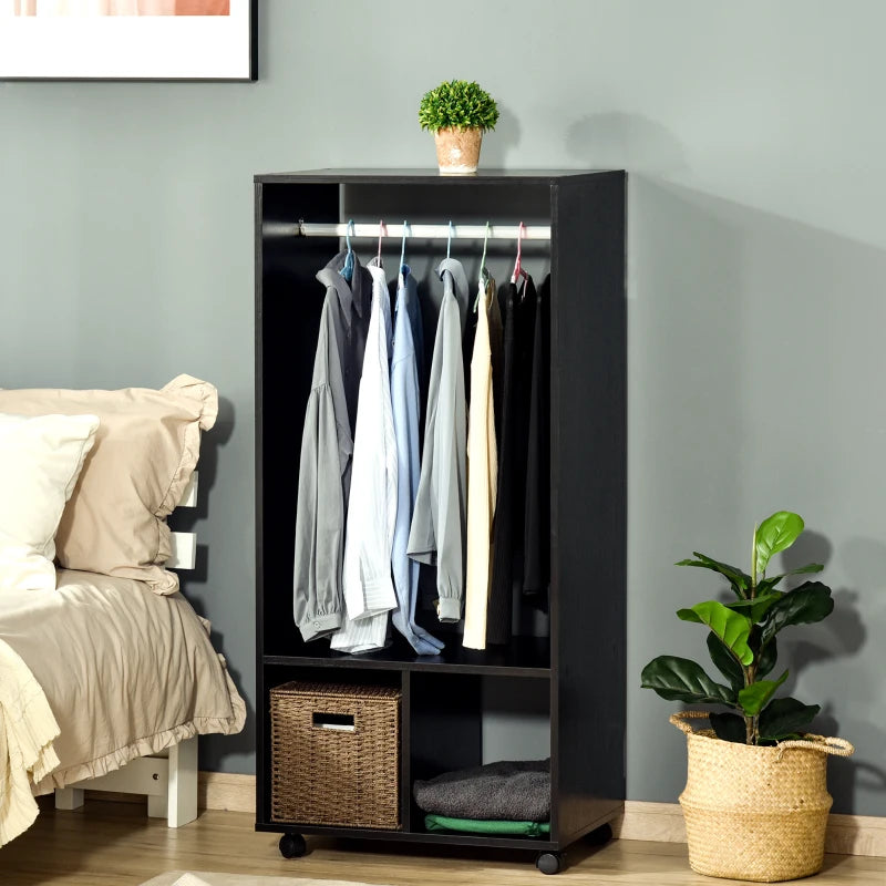 Black Mobile Wardrobe with Clothes Rail and Shelves