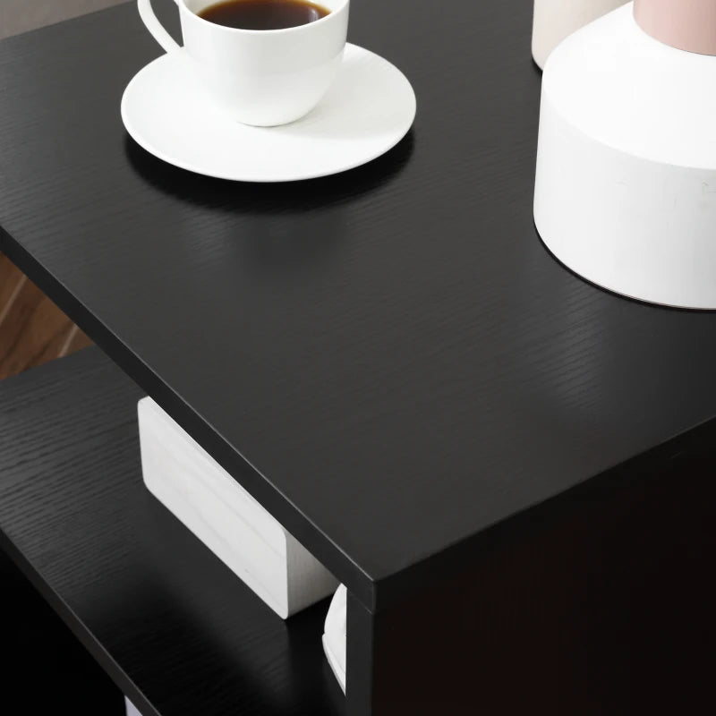 Black Wooden S-Shaped Coffee Table with 2-Tier Storage Shelves