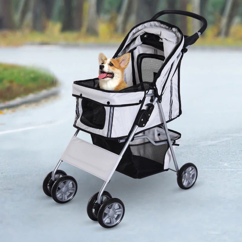 Grey Pet Stroller for Small Pets - Foldable Travel Carriage with Wheels