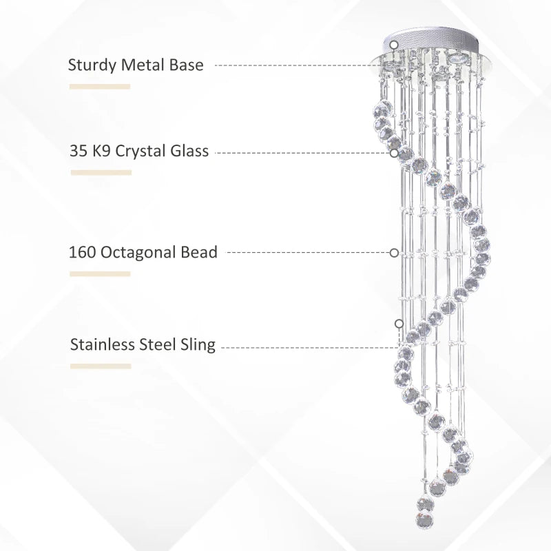 Chrome Finish Crystal Chandelier Pendant Light - Glass Droplets - 30x120cm