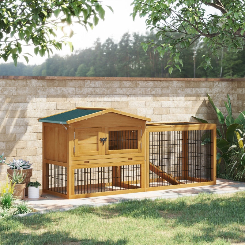 Yellow Outdoor Rabbit Hutch with Run, 2-Level Design, Water-Resistant Roof - 150 x 52.5 x 68 cm