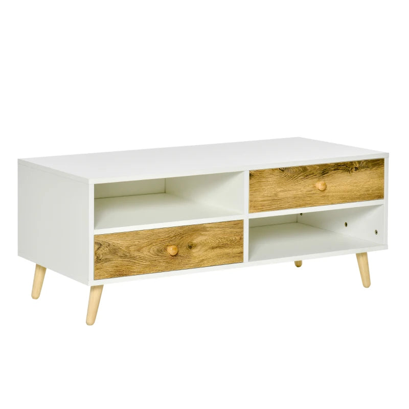 Rectangular White and Brown Coffee Table with Drawers and Shelves