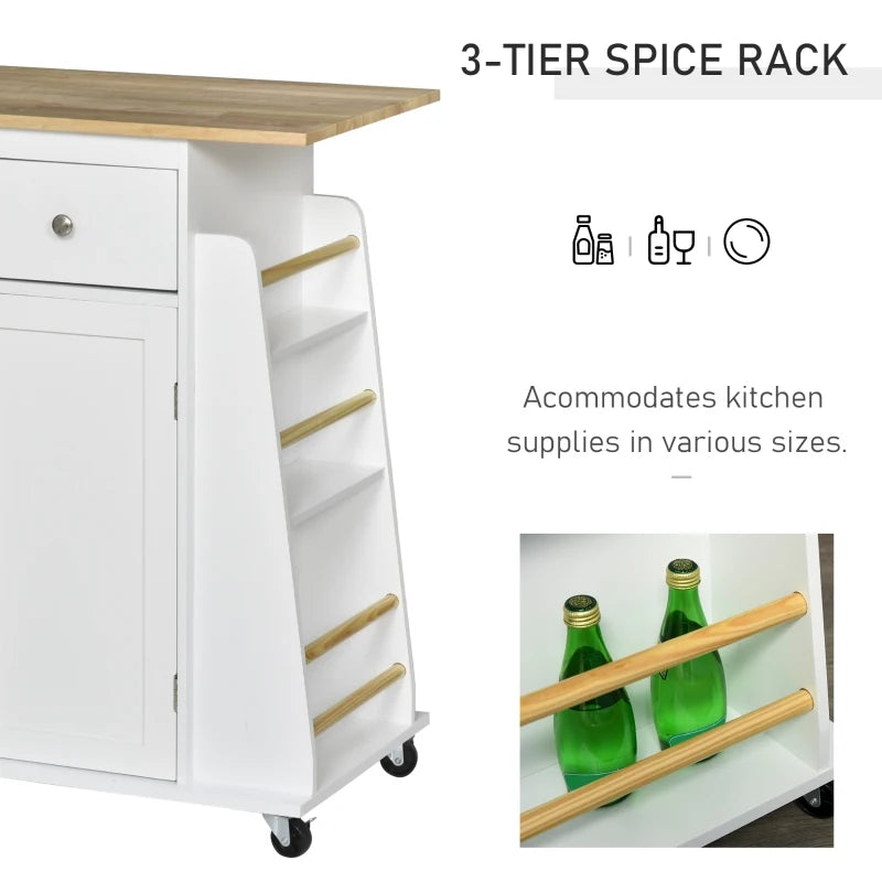 Rolling Kitchen Island Storage Cabinet with Rubber Wood Top - White