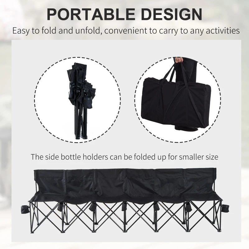 Black 6-Seater Folding Outdoor Bench with Cup Holder & Carry Bag