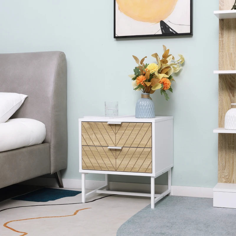 Modern White and Oak 2-Drawer Bedside Table with Metal Frame