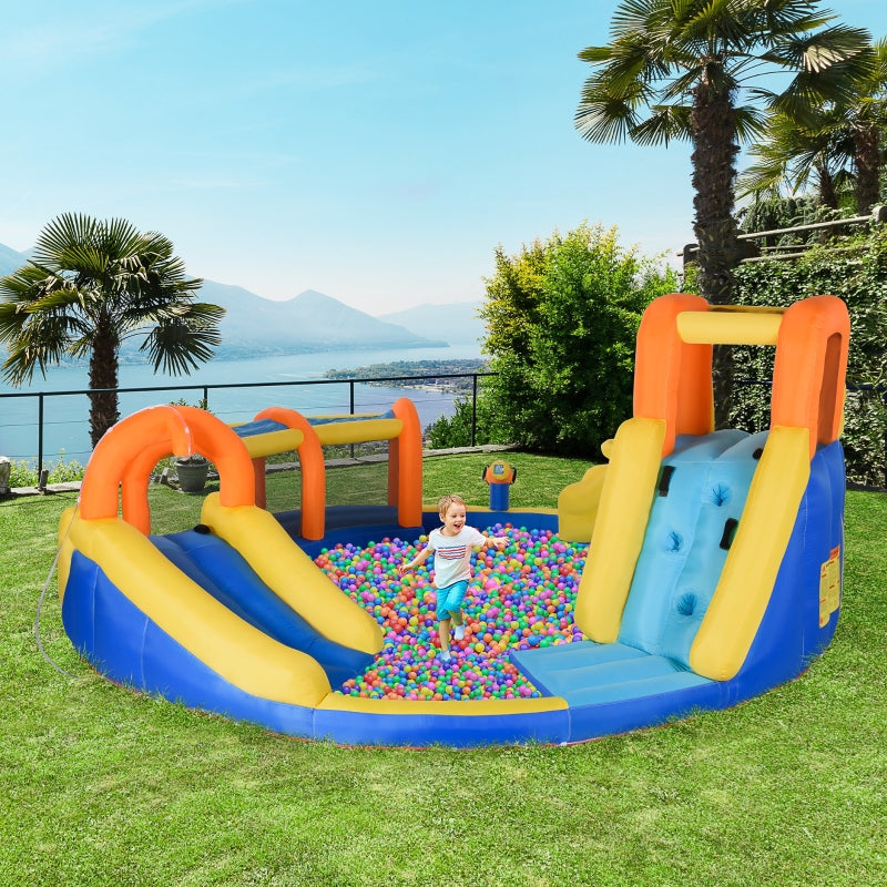 6-in-1 Kids Inflatable Bouncy Castle with Slide, Pool, Water Gun, Climbing Wall - Blue