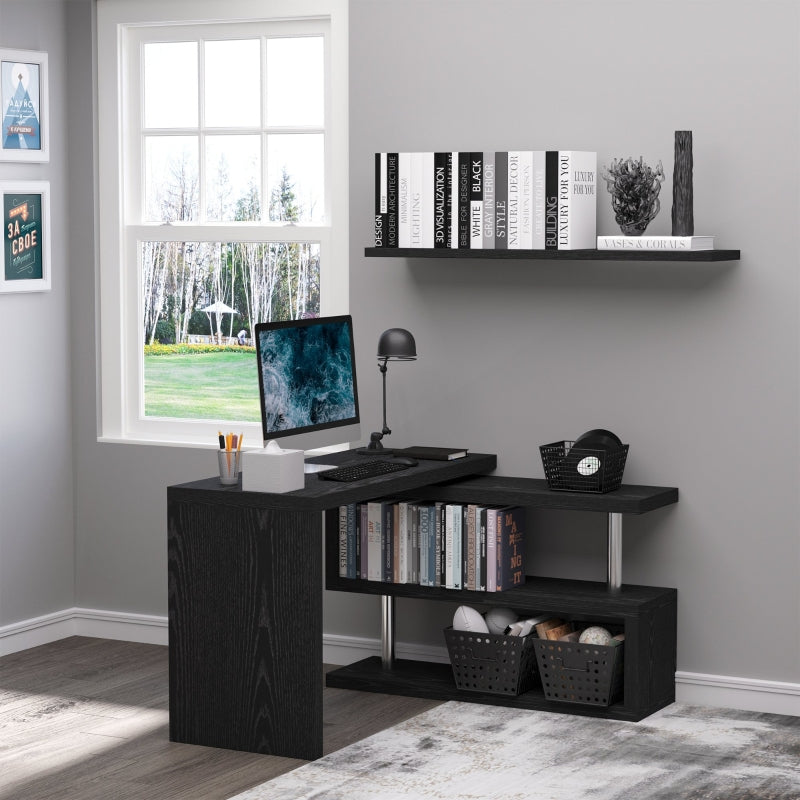 Black L-Shaped Rotating Corner Desk with Storage Shelf