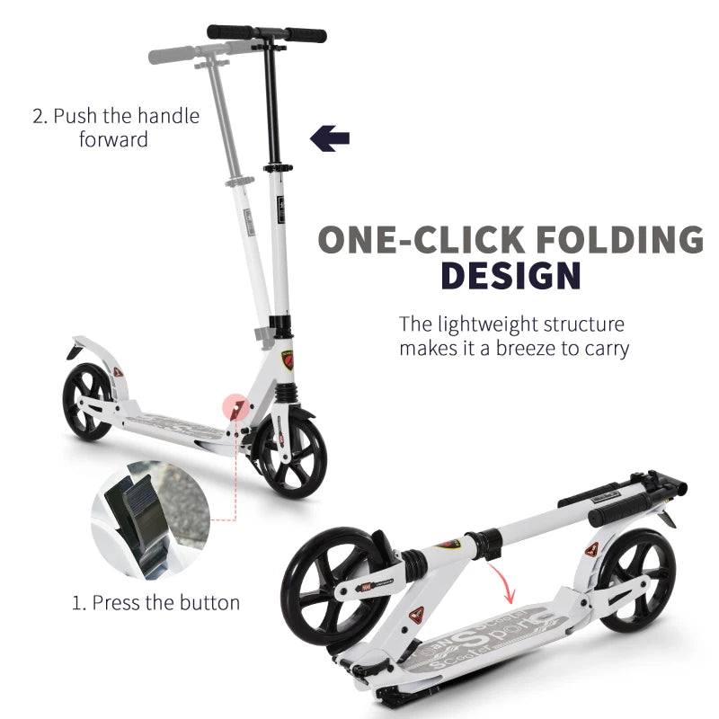 White Folding Kick Scooter with 2 Big Wheels for Teens and Adults 14+