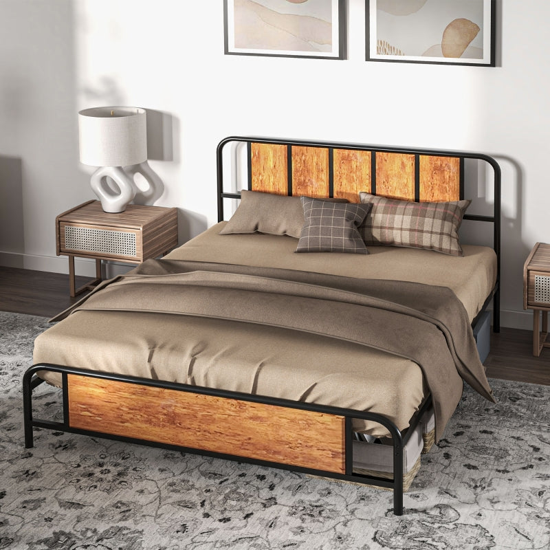 Rustic Brown King Bed Frame with Industrial Wood Headboard and Underbed Storage