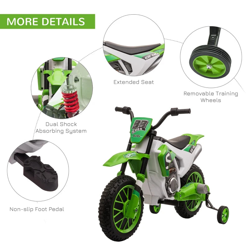 Green Kids Electric Motorcycle with Training Wheels, Ages 3-6