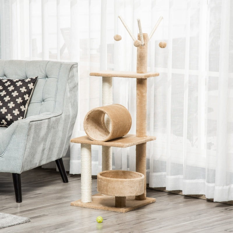 Brown Cat Tree Tower with Scratching Post & Toys - 121cm