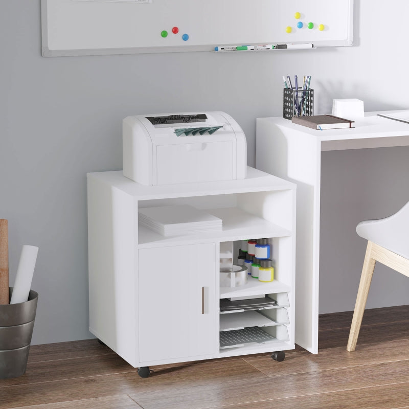 White Mobile Printer Stand with Storage and Wheels - Modern Office Desk Unit