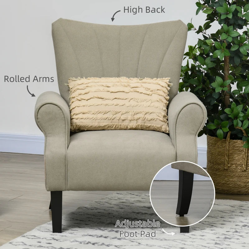 Beige Upholstered Accent Chair with High Back and Rolled Arms