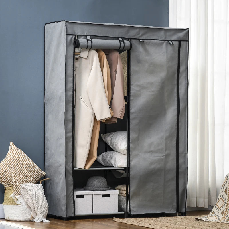 Portable Fabric Wardrobe with Shelves and Hanging Rails, Light Grey