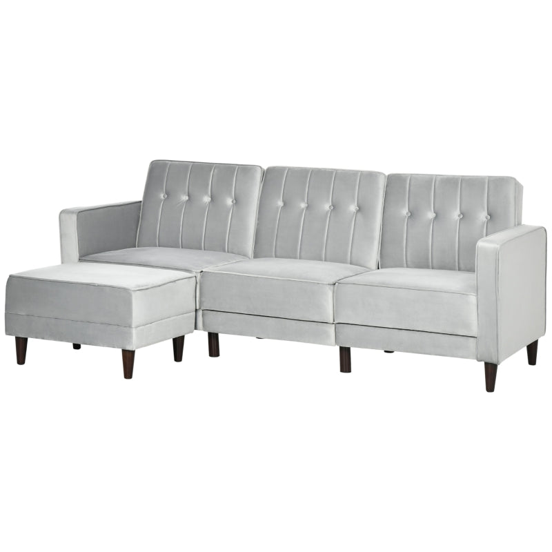 Light Grey L-Shaped Sofa Bed Set with 3-Seater Sofa and Footstool