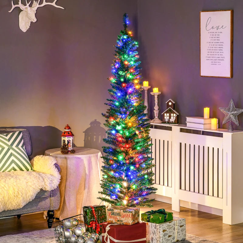 6ft Pre-lit Christmas Tree with Colourful LED Lights, Pencil Shape, Steel Base - Green