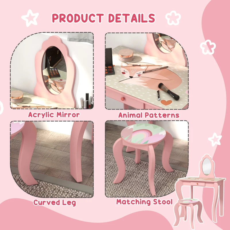 Kids Pink Dressing Table Set with Mirror, Stool, Drawer - Cute Animal Design