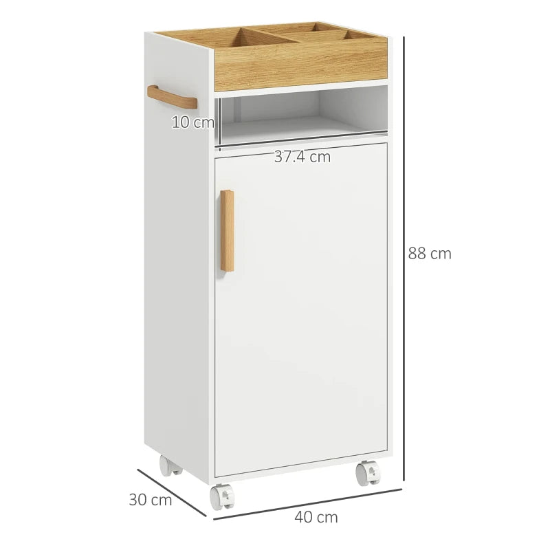 White Bathroom Storage Cabinet with Wheels and Cushioned Door