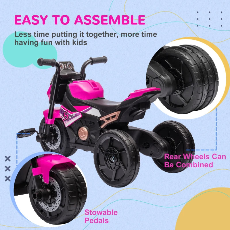 3-in-1 Pink Toddler Trike with Headlight, Music & Horn