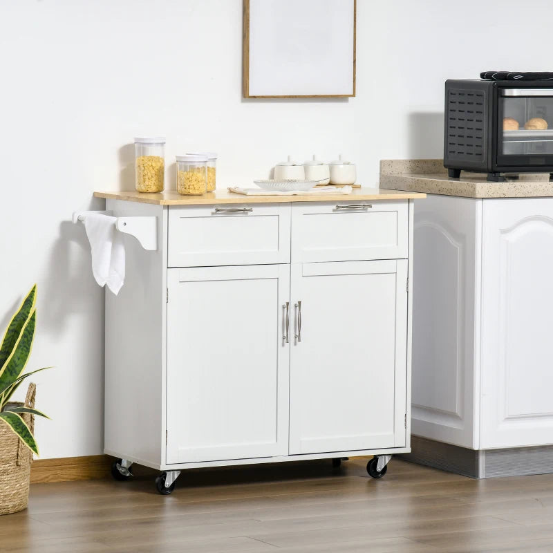 White Modern Kitchen Island Cart with Rubberwood Top and Drawers
