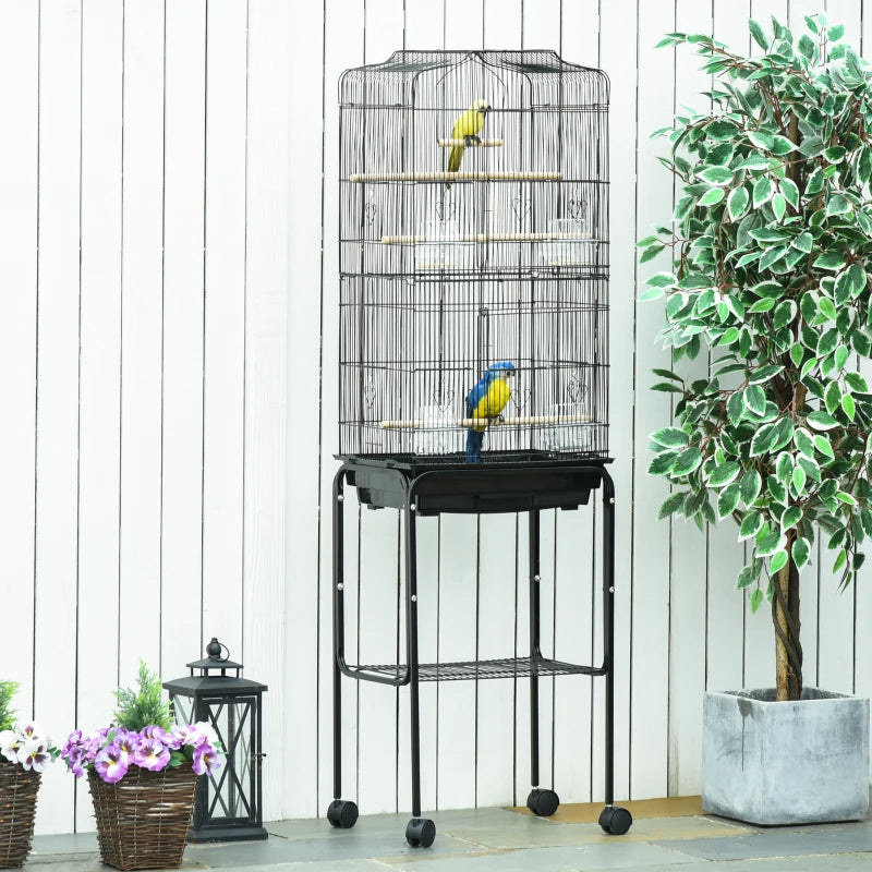 Black Bird Cage with Stand and Accessories, 46.5 x 36 x 157 cm