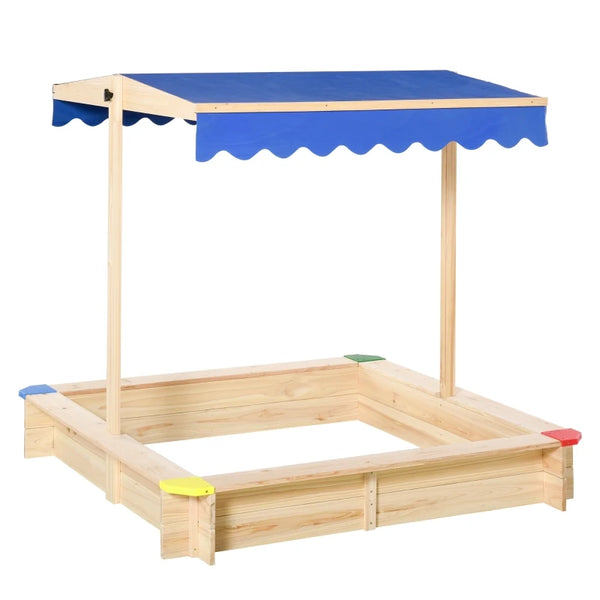 Kids Square Wooden Sand Pit with Canopy Bench Seat - Blue