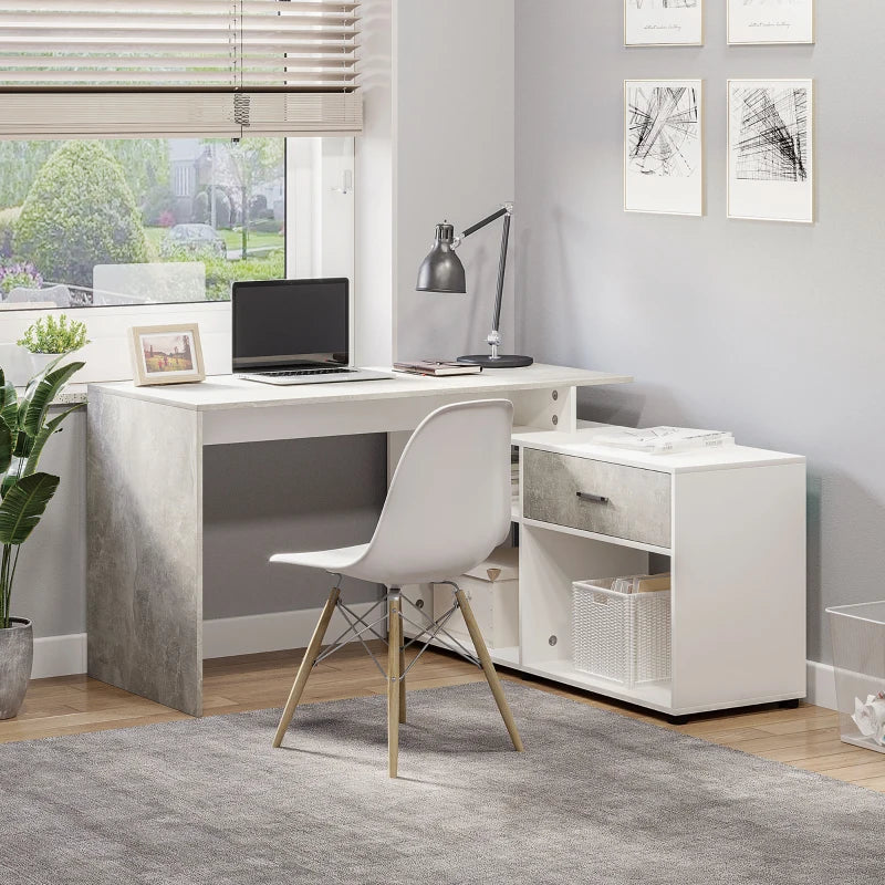 Grey and White L-Shaped Corner Desk with Drawers and Shelves
