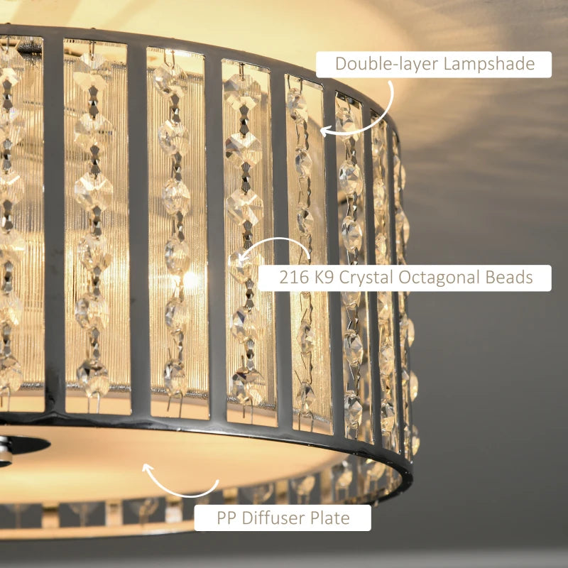 Modern Crystal Chandelier Ceiling Light, Double Layer Lampshade, Round Pendant - Silver, 4 G9 Bulbs, 35cm