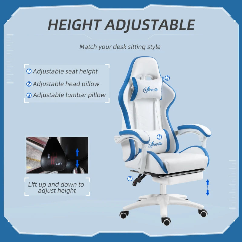 White and Blue Racing Gaming Chair with Footrest and Swivel Seat