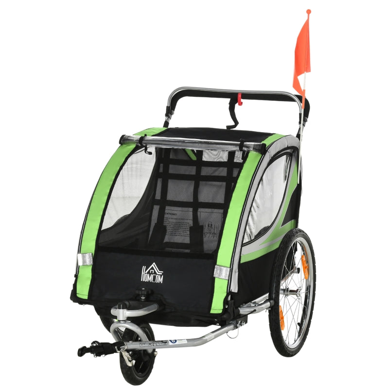 Green 2-Seater Child Bike Trailer & Stroller Combo with Safety Features