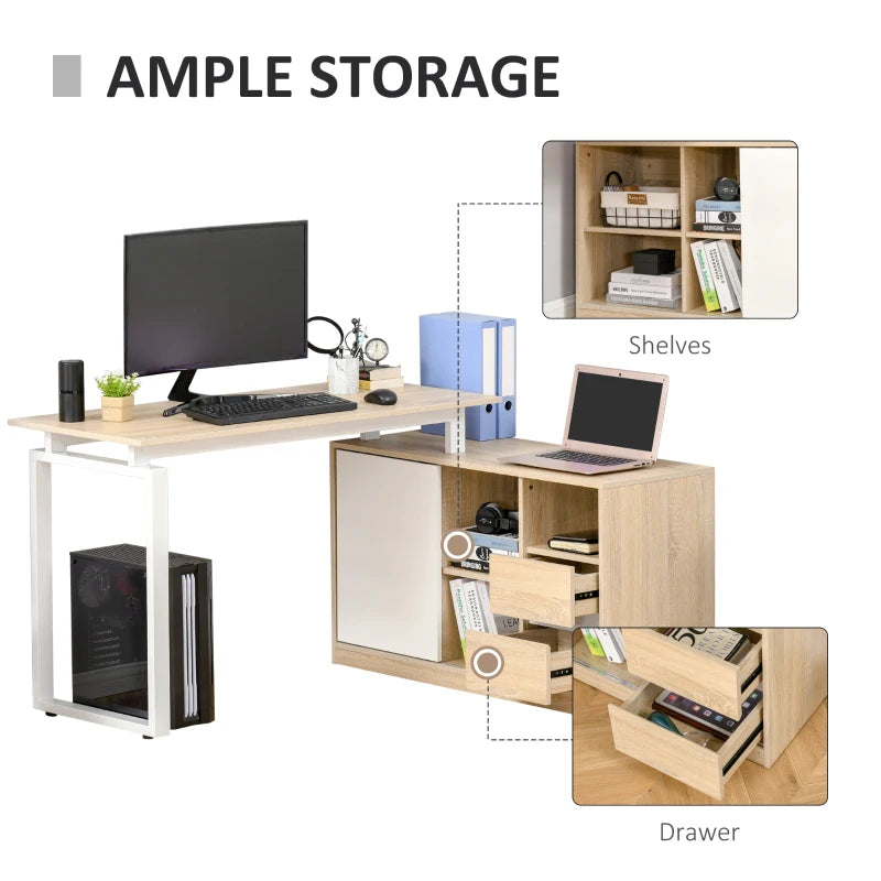 Oak Beige L-Shaped Computer Desk with Storage Shelf