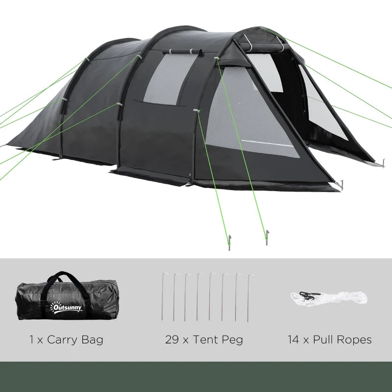 Black 3-4 Person Tunnel Camping Tent with Windows and Covers