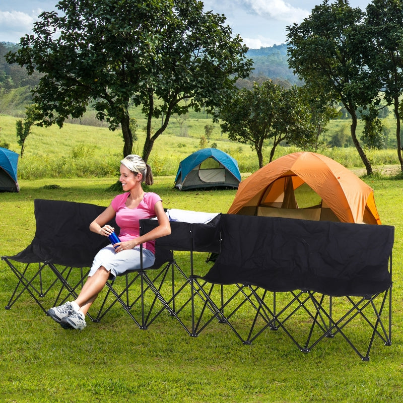 Black 6-Seater Folding Steel Camping Bench with Cooler Bag