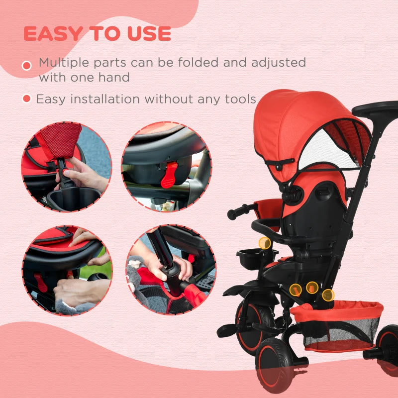 Red Kids Tricycle with Rotatable Seat & Adjustable Push Handle