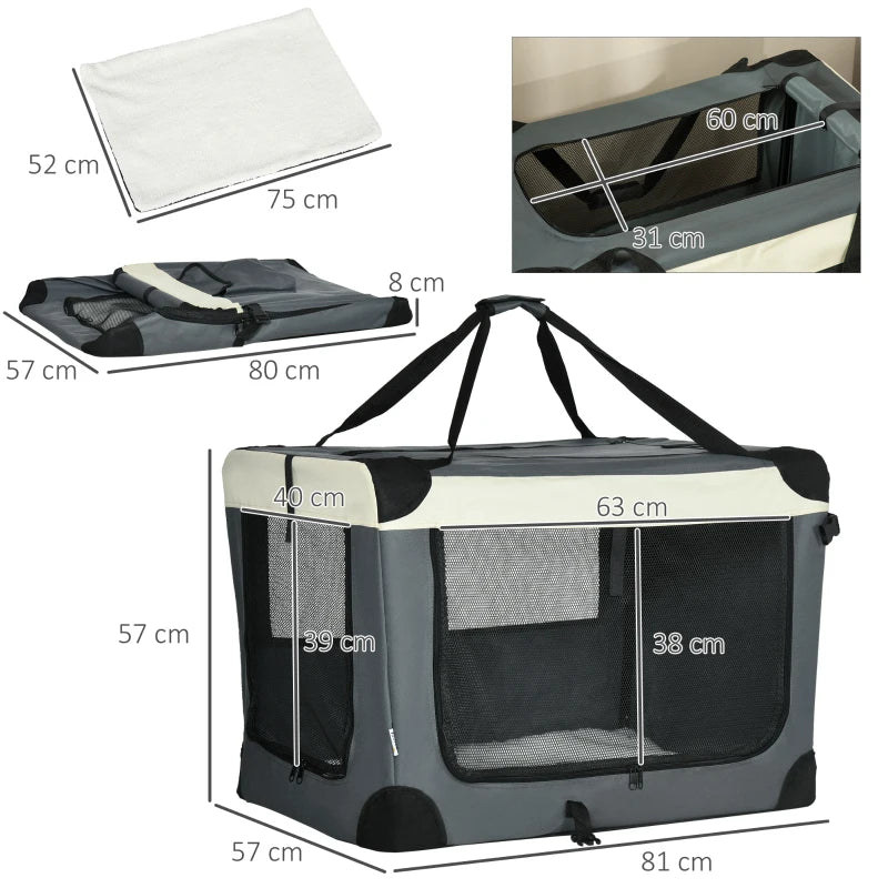 Foldable Pet Carrier with Cushion for Medium Pets - Grey