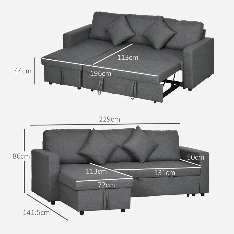 Dark Grey Sofa Bed with Storage, 3 Seater Pull Out Couch