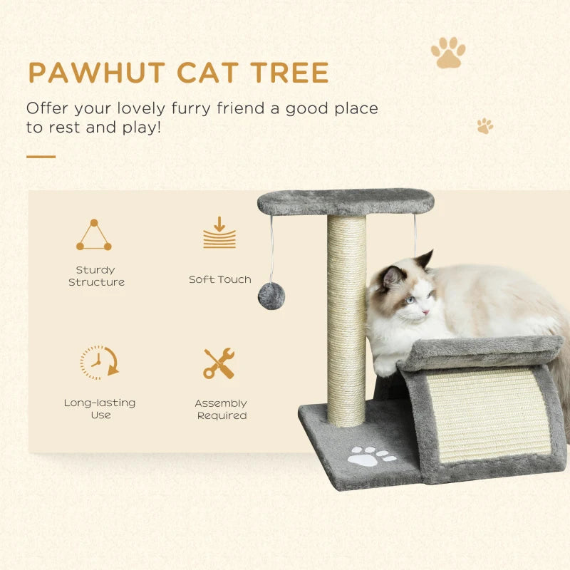 Grey Cat Tree with Rotating Top Bar, Scratching Post, Tunnel & Balls