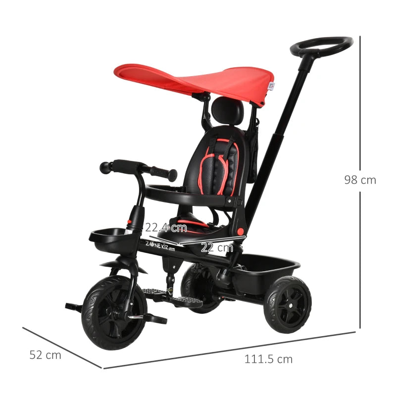 Red 4-in-1 Kids Tricycle with Adjustable Seat and Canopy