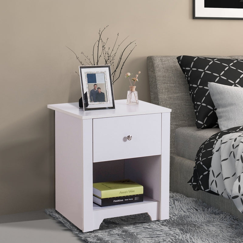 White Modern Bedside Table with Drawer Shelf