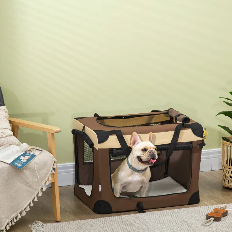 Foldable Brown Pet Carrier with Cushion - 70cm for Small Dogs and Cats