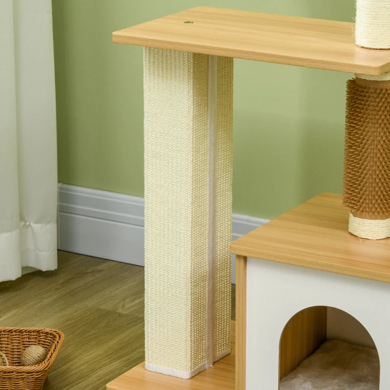 Oak Tone Cat Tree with Scratching Posts and Perches - 59.5 x 39.5 x 114cm