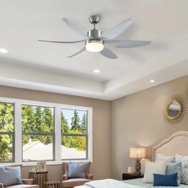 Silver Reversible Ceiling Fan with Light, 6 Blades Indoor Modern LED Remote Control