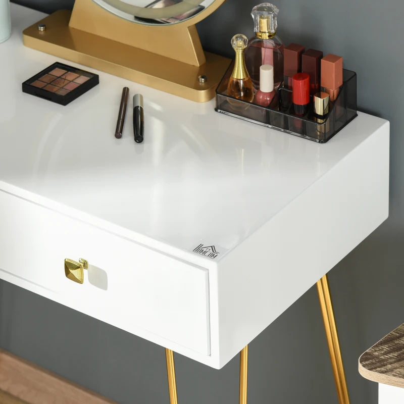White Vanity Dressing Table Set with LED Light, Round Mirror, 2 Drawers, and Stool