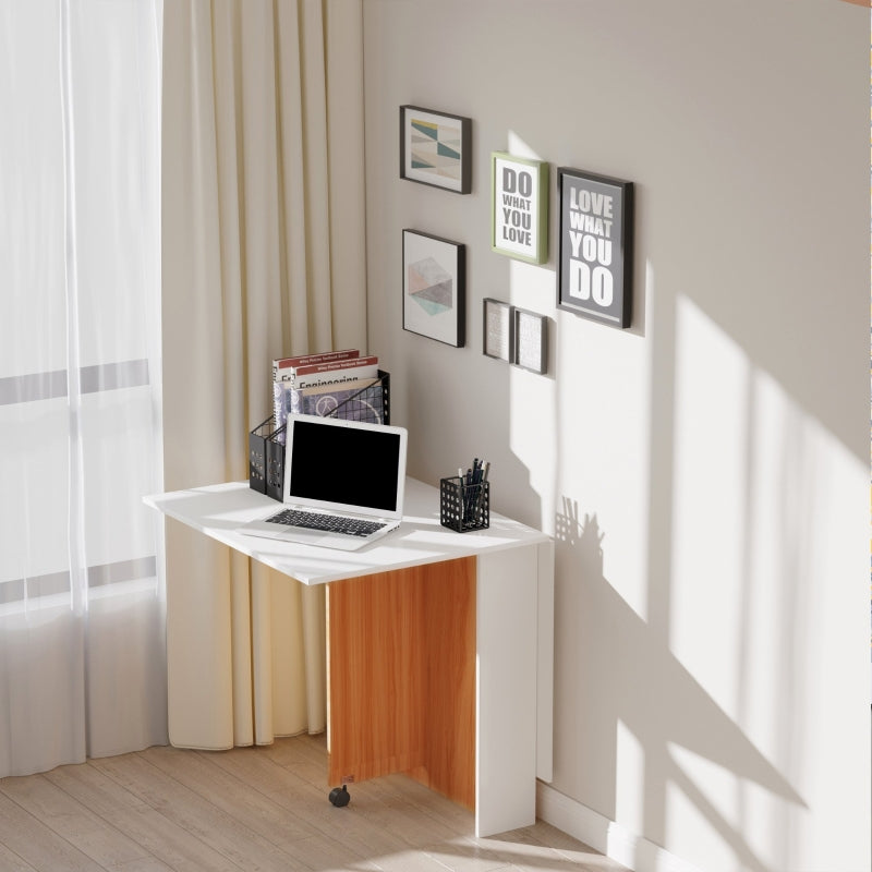 Folding Teak Dining Table Desk with Casters in White