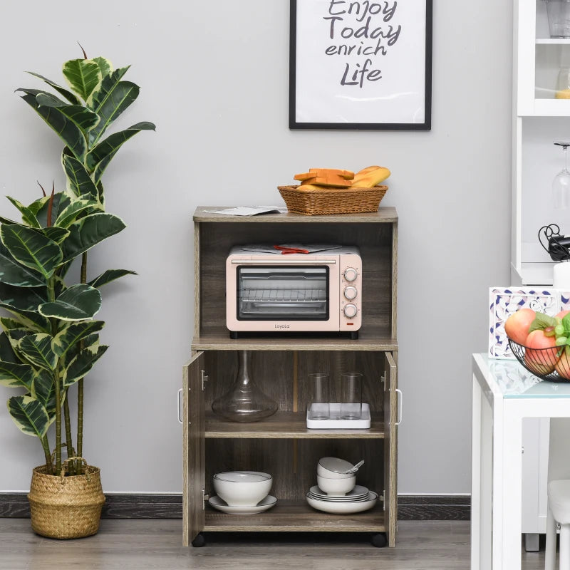 Grey Kitchen Microwave Cart with Cabinet and Locking Wheels